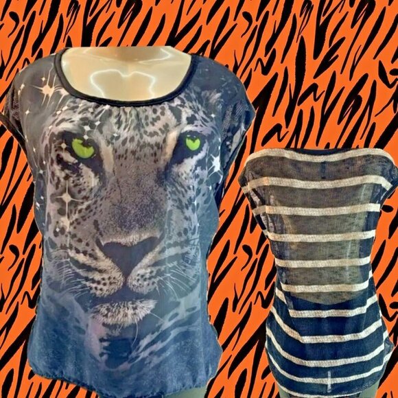 Julia L Black Tiger Graphic Open Weave Striped Back Step-Hem Cap Sleeve Top - Picture 1 of 6